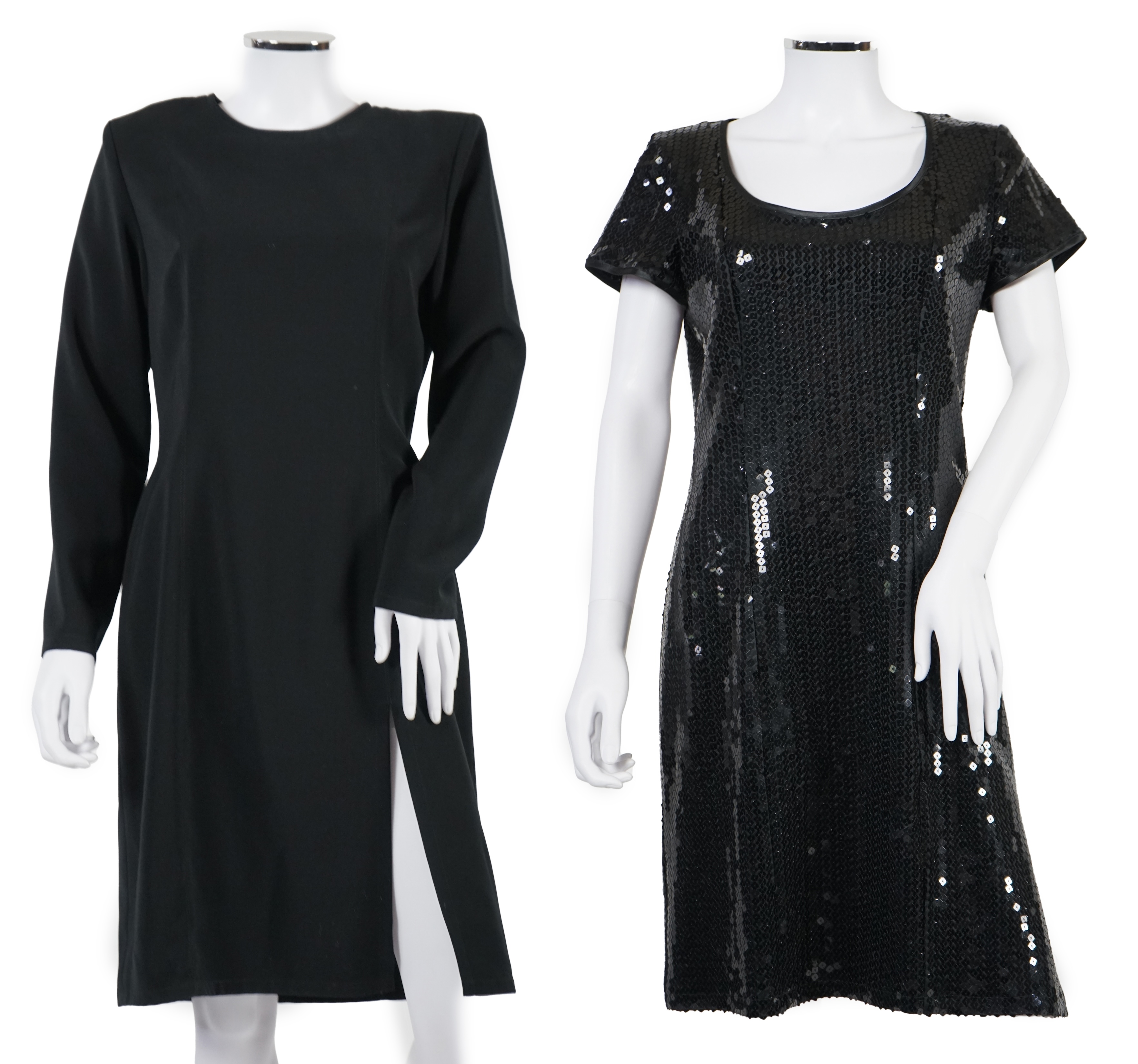 Two vintage Yves Saint Laurent variation lady's black evening dresses, F 42 (UK 14). Proceeds to Happy Paws Puppy Rescue